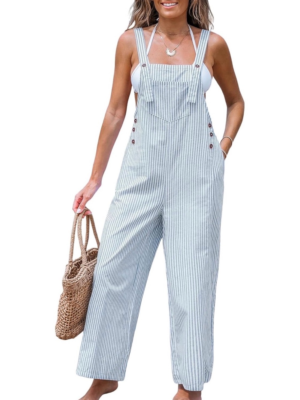 Pretty Garden Blue White Striped Cropped Wide Leg Overall Jumpsuit Cotton Size M - Picture 4 of 12